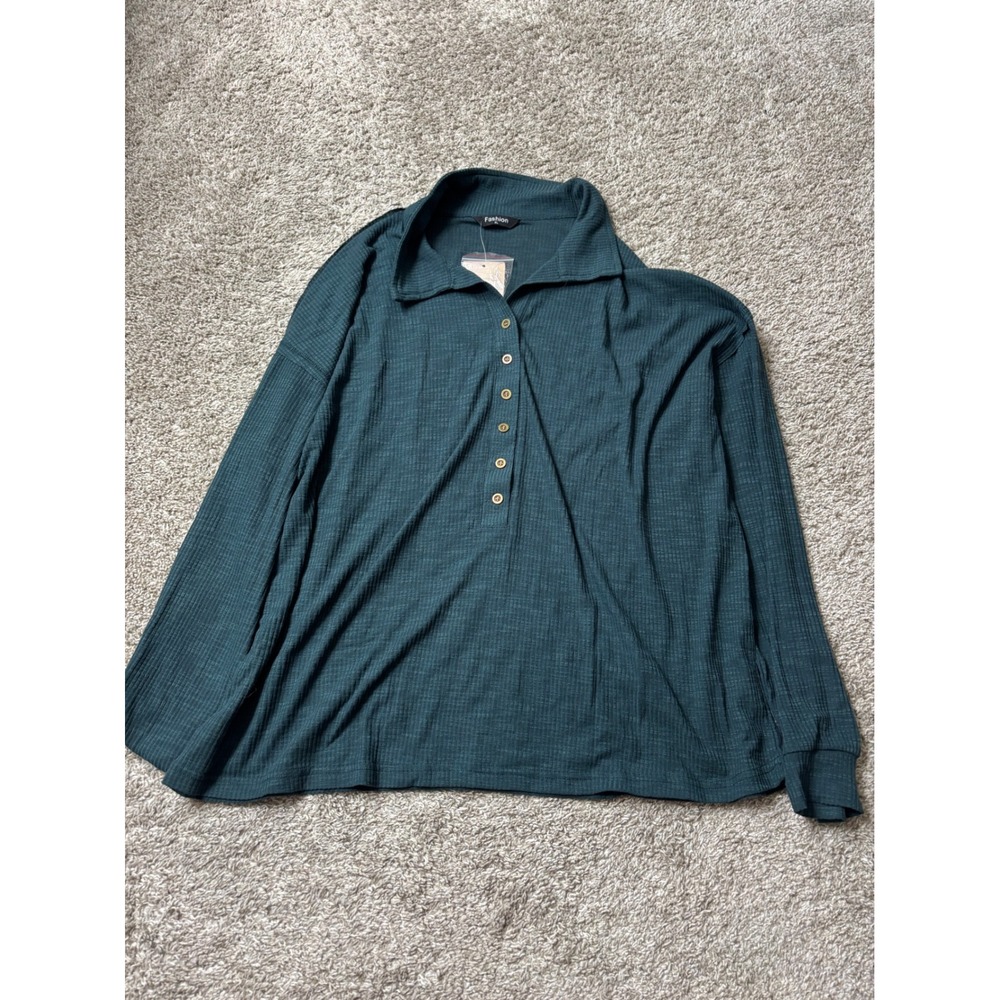 Fashion Women Green Ribbed Knit Long Sleeve Button Up Collar Top XL NWT